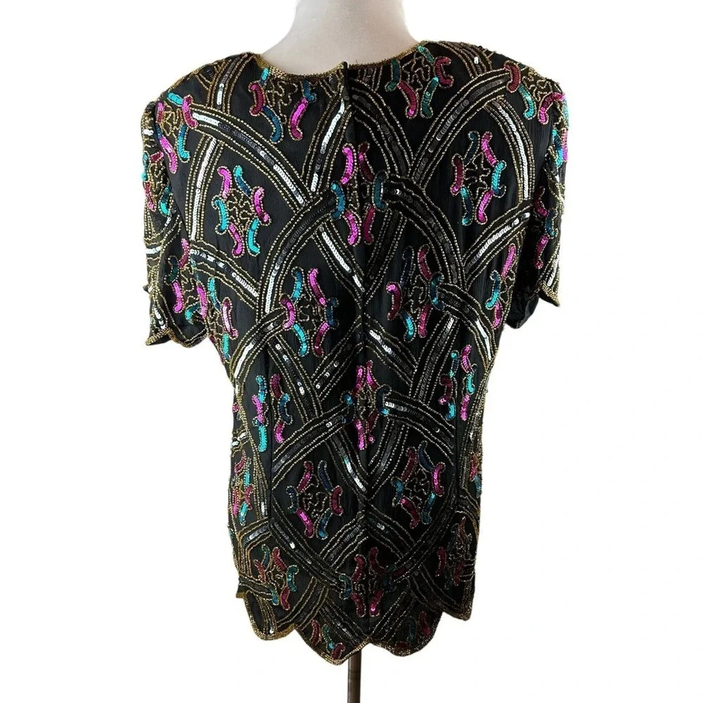 Vintage Papell Boutique Silk Sequin Beaded Embellished Top Black Plus Size 2X - Picture 6 of 12